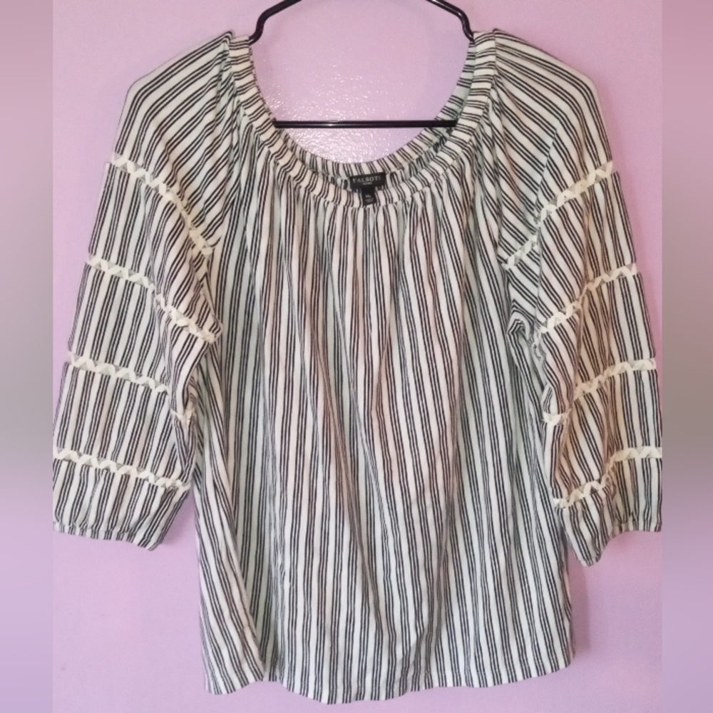 Talbot's Petites Blouse Women's Size PM Black White Striped 3/4 Sleeve Blouse